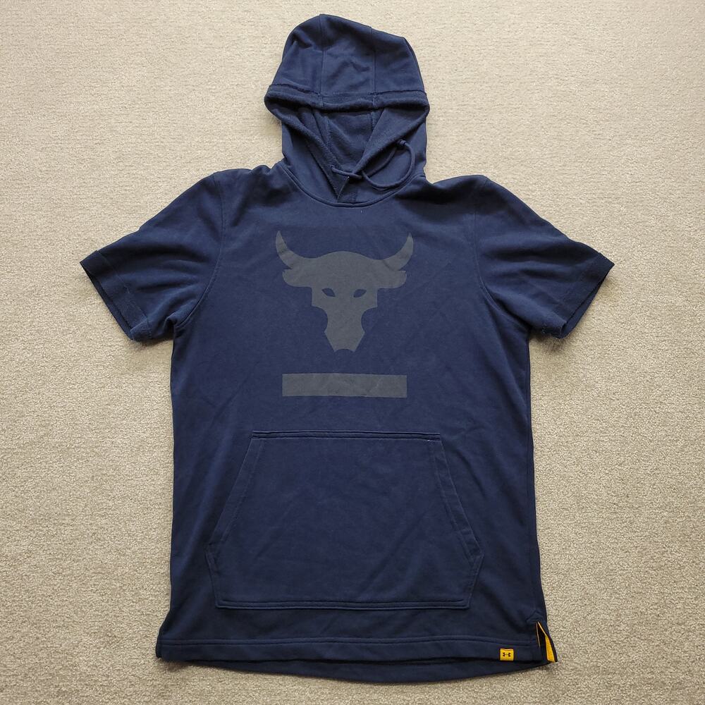 Under Armour Project Rock Mens Small Short Sleeve Hoodie Navy Blue Bull Logo